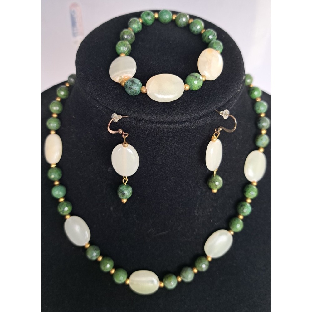 Gemstone Beaded Jewelry Set Necklace Earrings Bracelet Green Faceted Jade